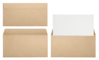 Set of envelopes (sealed, empty and with a blank paper inside), isolated on white background
