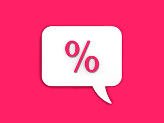 Pink percent sign on white message board. Interest withdrawal signal. Discount notifications. Message on a Pink background. Horizontal image. 3D image. 3D rendering.