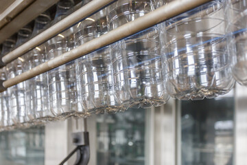 Closeup view of milk bottling line.