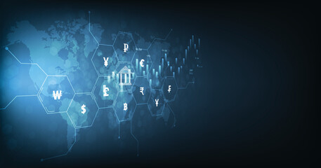 Interbank Currency exchange concept.Money transfer, FinTech financial technology, bank and currency icon isolated on dark blue background. Vector illustration.