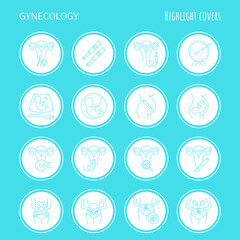 Gynecology thin line icons set. Ultrasound, check up, artificial fertilization, pregnancy, fetus, gynecological surgery, menstruation. Highlights for stories. Vector illustration.