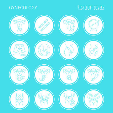 Gynecology thin line icons set. Ultrasound, check up, artificial fertilization, pregnancy, fetus, gynecological surgery, menstruation. Highlights for stories. Vector illustration.