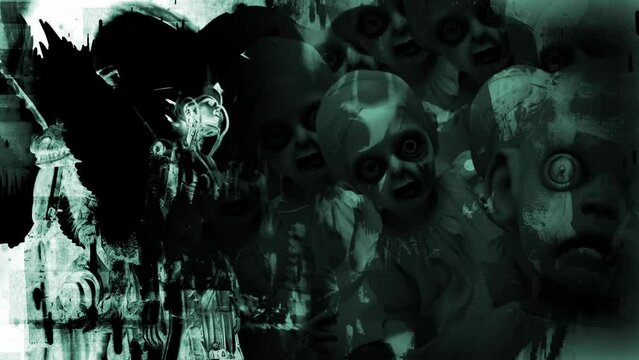    animation of spooky,creepy and scary vintage baby dolls and angel with zoom effect of camera shake