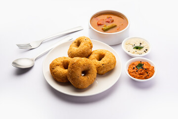 Sambar Vada or Medu vadai with sambhar and chutney - Popular South Indian snack or breakfast