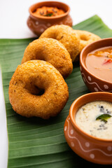 Sambar Vada or Medu vadai with sambhar and chutney - Popular South Indian snack or breakfast