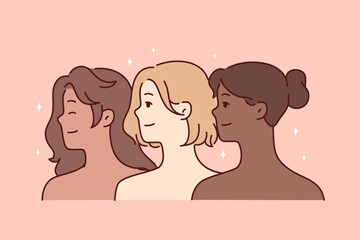Diverse multiracial beautiful women with bare shoulders look one way and smile. Faces of multiethnic girls for concept of feminism or struggle for women freedom. Flat vector illustration