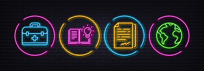 Product knowledge, Document signature and First aid minimal line icons. Neon laser 3d lights. World planet icons. For web, application, printing. Vector