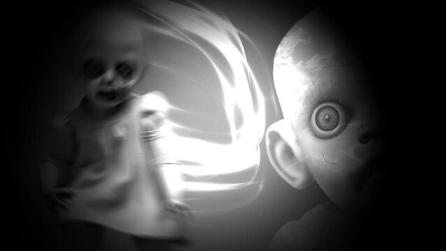    animation of spooky,creepy and scary vintage baby dolls  with zoom effect of camera shake