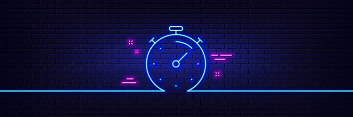 Neon light glow effect. Timer line icon. Time management sign. Stopwatch symbol. 3d line neon glow icon. Brick wall banner. Timer outline. Vector