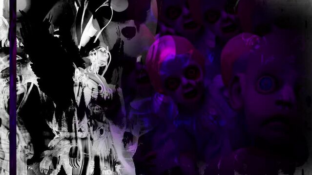    animation of spooky,creepy and scary vintage baby dolls and angel with zoom effect of camera shake