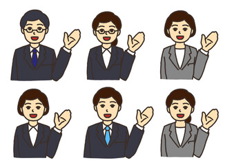 Fototapeta premium 手を上げてご案内をするスーツを着た男性と女性のイラストセット