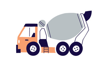 Naklejka premium Concrete mixer truck in Scandinavian style. Construction car toy, heavy industry vehicle with cement, beton. Industrial transport. Childish flat vector illustration isolated on white background