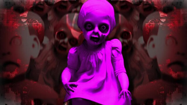    animation of spooky,creepy and scary vintage baby dolls  with zoom effect of camera shake