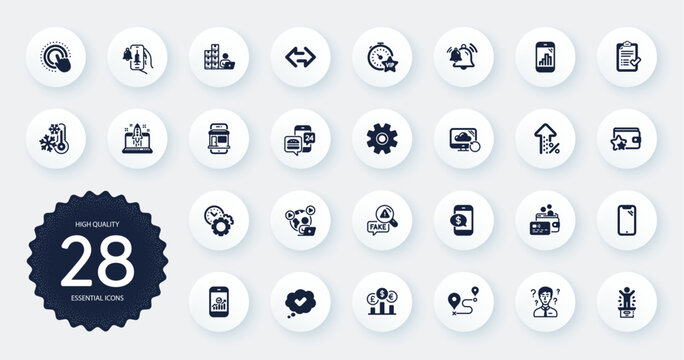 Set of Technology icons, such as Graph phone, Approved checklist and Vip timer flat icons. Currency rate, Fake news, Vaccine announcement web elements. Start business, Freezing. Circle buttons. Vector