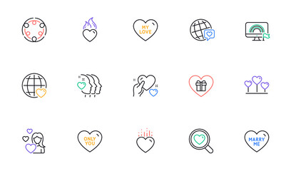 Love, Love heart and Inclusion line icons for website, printing. Collection of Hold heart, World brand, Friends couple icons. Romantic gift, Lgbt, Marry me web elements. Only you. Vector