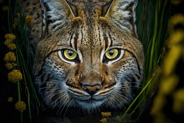 Сlose up portrait of an lynx. Siberian lynx portrait. Dangerous predator in natural habitat. Digital artwork