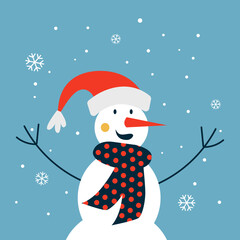 Naklejka premium Vector illustration with happy snowman in santa hat on blue snowy background. Christmas card with smiling character.