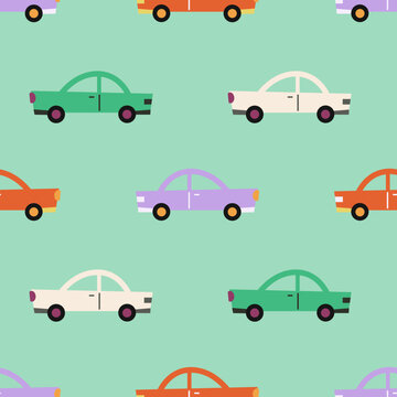 Seamless pattern with cute colorful cars on green background. Modern design for fabric and paper, surface textures.