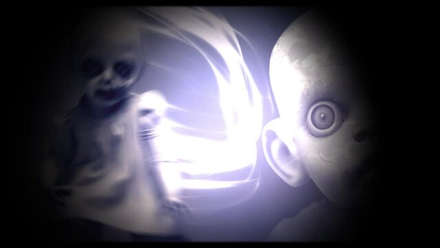    animation of spooky,creepy and scary vintage baby dolls  with zoom effect of camera shake