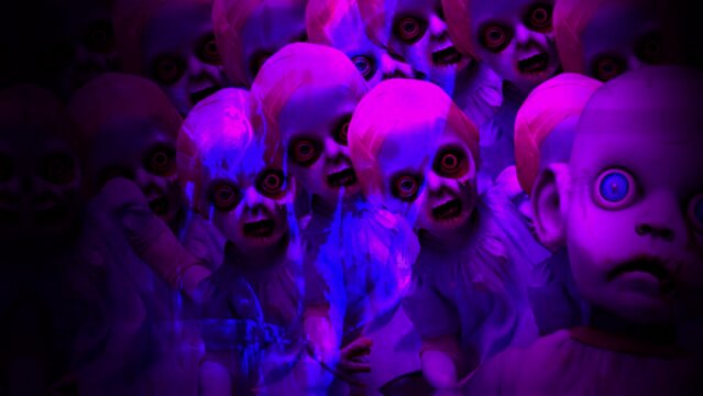    animation of spooky,creepy and scary vintage baby dolls  with zoom effect of camera shake