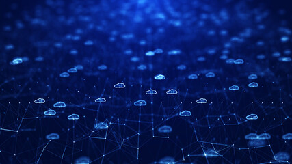 Cloud computing technology concept for transfer data to storage system. White cloud icon over polygon on dark blue background.