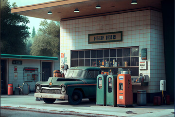 Generated image of old petrol station.