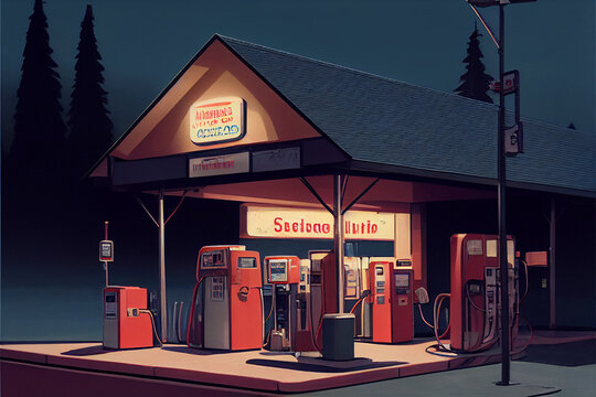 Generated image of old petrol station.