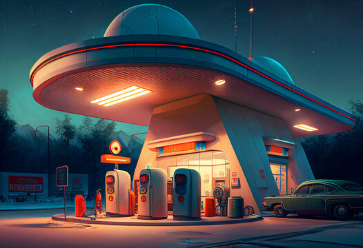 Generated image of old petrol station.