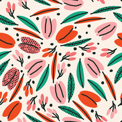 Naklejka premium Cute botanical seamless pattern with flowers and berries. Vector background, print, design