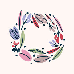 Cute botanical floral wreath illustration. Vector card, print, design