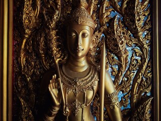 Deity carving patterns that are often found on temple gates in Thailand with unique Thai patterns. and there was a golden relief sculptured deity in the middle of the door.