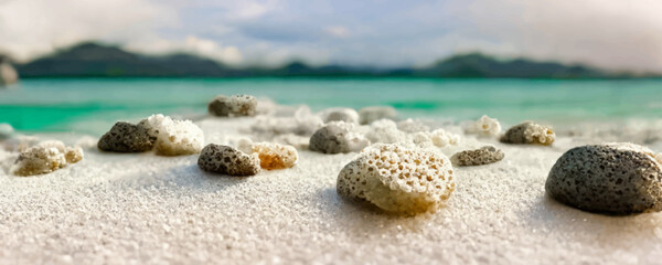 Fototapeta na wymiar tropical sandy beach with stones with shells tropical background