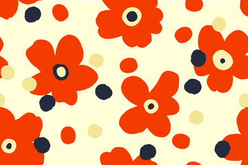 Flowers seamless pattern. Minimal background. Hand drawn red flowers. Simple modern pattern. Bright colors plants for textile, covers, fabric, packaging.