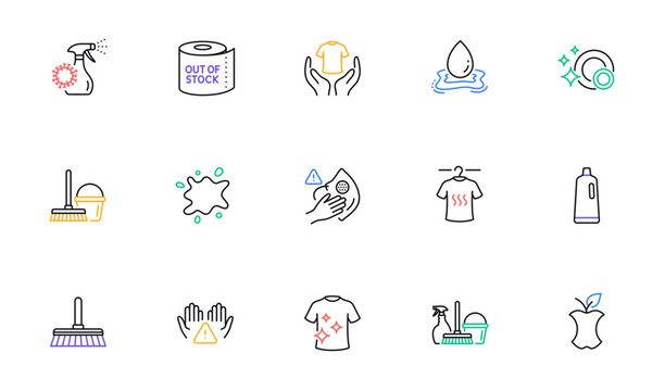 Clean dishes, Coronavirus spray and Dry t-shirt line icons for website, printing. Collection of Cleaning mop, Organic waste, Clean t-shirt icons. Water splash, Dirty spot. Vector