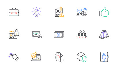 Idea, Drag drop and Like line icons for website, printing. Collection of Like app, Lock, Lawyer icons. Teamwork, Portfolio, Banking web elements. Elevator, Online chemistry, Photo studio. Vector