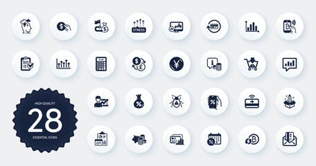 Set of Finance icons, such as Success business, Stress and Currency exchange flat icons. Analytical chat, Report, Discounts app web elements. Piggy bank, Calendar discounts. Circle buttons. Vector