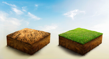 Collection, cubical soil ground cross section with earth land and green grass, Soil layers. realistic 3D rendering ground ecology, cutaway terrain floor with rock isolated on light background.
