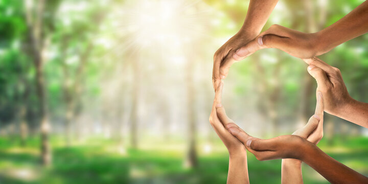 International Human Solidarity Day concept: Human hands in shape of circle. Unity, world peace concept. World environment day on forest nature background. Unity, world peace, World environment day.