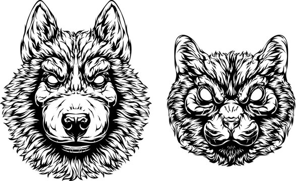Head of dog and cat. Abstract characters illustrations. Graphic logo designs templates. Images of portraits. Angry illustrations. Black color on white background images.
