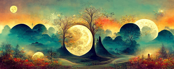 Fantastic magical fairy tale landscape with moon 