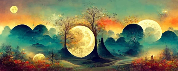 Poster Im Rahmen Fantastische magische Märchenlandschaft mit Mond © Oleksii