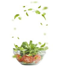 Gordijnen Isolated of glass salad bowl with flying green lettuce leaves, frame © VICUSCHKA