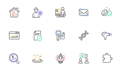 Puzzle, Insurance policy and Medical tablet line icons for website, printing. Collection of Interview, Messenger mail, Clown icons. Currency audit, Teacher, Chemistry dna web elements. Vector