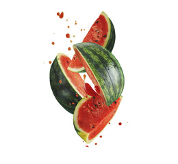Flying pieces of watermelon with juice splashing and drops, isolated - obrazy, fototapety, plakaty