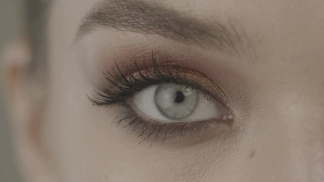 Closeup eye of woman. Half of a woman's face. Natural cosmetics. Looks into camera. Bright makeup. Beauty salon.