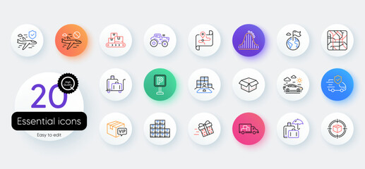 Simple set of Vip parcel, Tractor and Truck transport line icons. Include Cancel flight, Metro map, Transport insurance icons. Present delivery, Map, Wholesale goods web elements. Vector