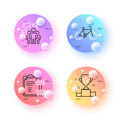 Bicycle, Winner cup and Leadership minimal line icons. 3d spheres or balls buttons. Dumbbell icons. For web, application, printing. Bike, Award cup, Winner flag. Training plan. Vector