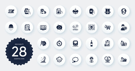 Set of Business icons, such as Global business, Copyright laptop and Local grown flat icons. Brandy bottle, Travel compass, Speakers web elements. Get box, Talk bubble, Cleaning signs. Vector