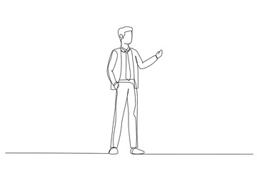 Drawing of businessman presenting something in the back with one hand in his pocket. Single continuous line art style