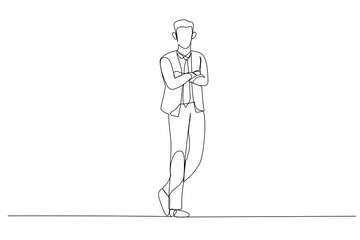 Drawing of businessman cross his hands standing feeling confident. Single continuous line art style